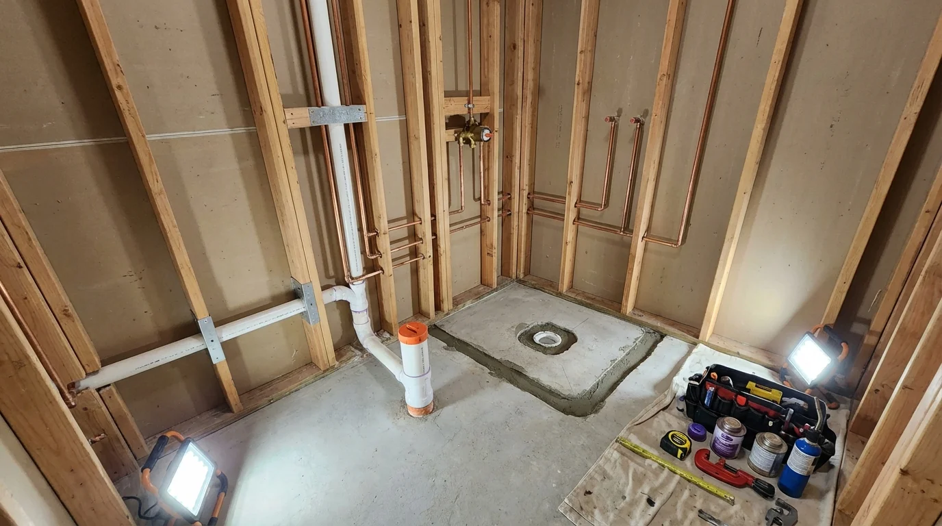 Bathroom rough-in plumbing during remodel by Johns Plumbing LLC in Ridgeville