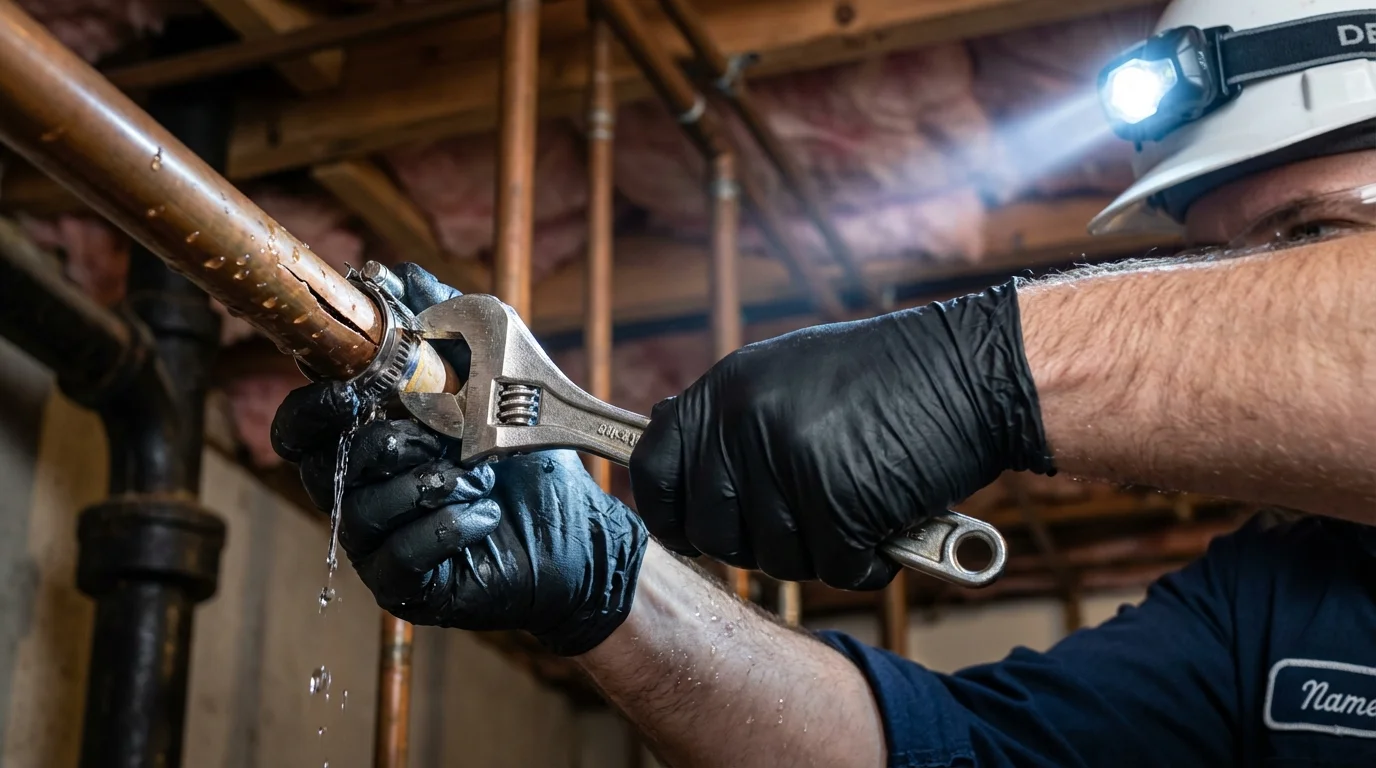 Emergency pipe clamp repair being performed by a Johns Plumbing LLC plumber in Ridgeville