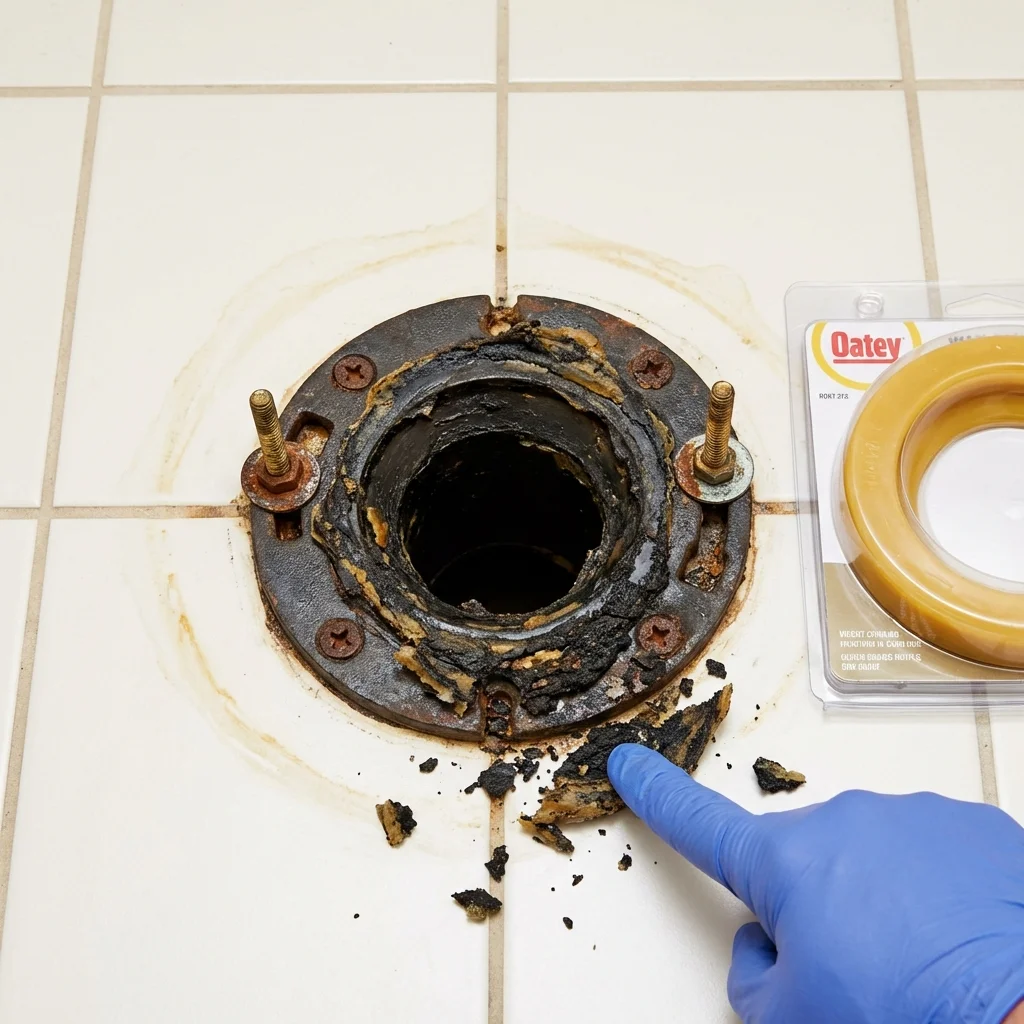 Failed wax ring showing water seepage at the base of a toilet in a Ridgeville, SC home