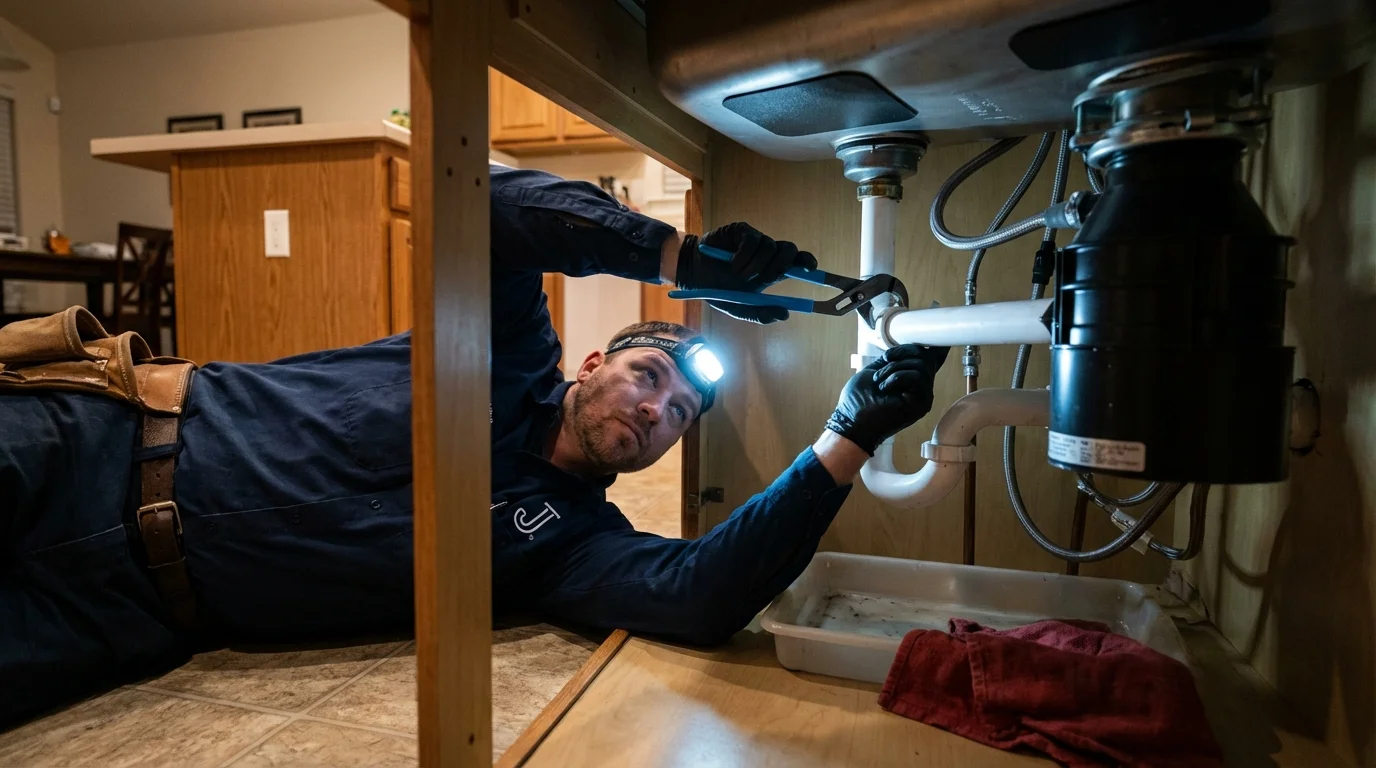 P-trap and supply line connections under a kitchen sink showing a common leak point in Ridgeville, SC